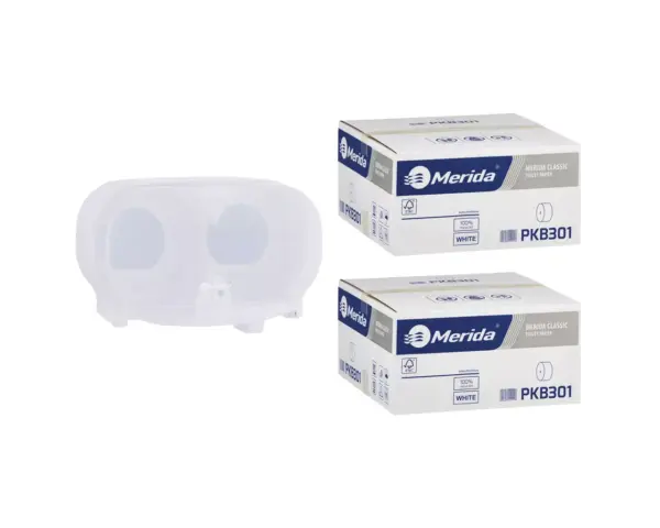 Pojemnik na dwie rolki papieru toaletowego bez gilzy MERIDA HARMONY za 50 zł netto przy zakupie 2 kartonów papiery toaletowego MERIDA CLASSIC PKB301 (36 x 125 m = 4500 m, 18 000 listków) Pojemnik na dwie rolki papieru toaletowego bez gilzy MERIDA HARMONY za 50 zł netto przy zakupie 2 kartonów papiery toaletowego MERIDA CLASSIC PKB301 (36 x 125 m = 4500 m, 18 000 listków)