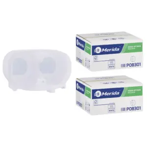 Pojemnik na dwie rolki papieru toaletowego bez gilzy MERIDA HARMONY za 50 zł netto przy zakupie 2 kartonów papiery toaletowego MERIDA OPTIMUM (36 x 85 m = 3060 m, 12 240 listków)