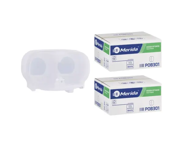 Pojemnik na dwie rolki papieru toaletowego bez gilzy MERIDA HARMONY za 50 zł netto przy zakupie 2 kartonów papiery toaletowego MERIDA OPTIMUM (36 x 85 m = 3060 m, 12 240 listków) Pojemnik na dwie rolki papieru toaletowego bez gilzy MERIDA HARMONY za 50 zł netto przy zakupie 2 kartonów papiery toaletowego MERIDA OPTIMUM (36 x 85 m = 3060 m, 12 240 listków)