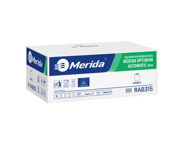 Ręczniki papierowe w roli z adaptorem, MERIDA OPTIMUM AUTOMATIC MAXI ECOLABEL, dwuwarstwowe, białe, średnica 19,5 cm, długość 240 m, karton 6 rolek Karton 6 rolek ręczników papierowych MERIDA OPTIMUM AUTOMATIC MAXI ECOLABEL 240 m
