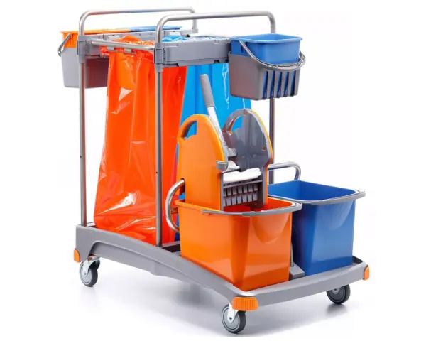 Zestaw do sprzątania, stelaż ze stali nierdzewnej, dwa worki 70 l, dwa wiadra 20 l, 3 wiadra pomocnicze 6 l, prasa do mopów, TSS-0014 Wózek do sprzątania ze stali nierdzewnej z prasą do mopów i wiadrami