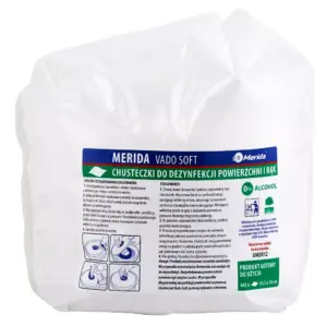 Merida Vado Soft – bezalkoholowe, bezzapachowe chusteczki do dezynfekcji rąk i powierzchni; wkład do wiadra 3 l, rolka 44,5 m (445 listków).