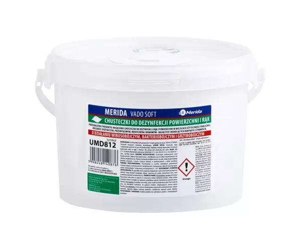 Chusteczki nasączone, do dezynfekcji rąk i powierzchni MERIDA VADO SOFT, bezalkoholowe, wiadro 3l, rolka 44,5 m, 445 listków Zestaw Merida Vado Soft: wiadro 3 l + bezalkoholowe chusteczki do dezynfekcji, 44,5 m/445 listków.