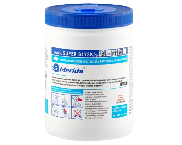 Merida Super Błysk – tuba z chusteczkami do czyszczenia powierzchni wodoodpornych; rolka 15 m (100 listków).