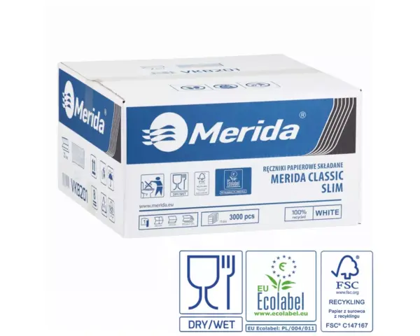 Pojemnik na ręczniki składane MERIDA HARMONY SLIM za 1 zł netto przy zakupie 2 kartonów ręczników składanych MERIDA CLASSIC SLIM ECOLABEL VKB201 (2 x 3000 = 6 000 listków) Merida Classic Slim ręczniki papierowe, jednowarstwowe, składane Z-fold, 3000 szt., ekologiczne