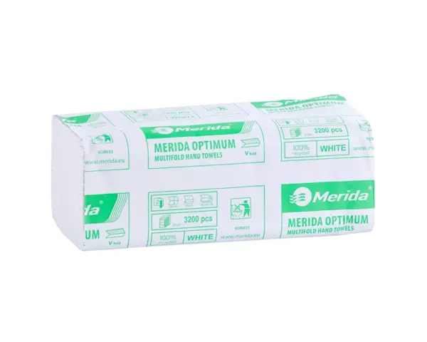 Ręczniki papierowe MERIDA OPTIMUM, białe, dwuwarstwowe, 3200 szt., ECOLABEL Ręczniki papierowe składane w V, 20 pakietów po 160 listków, białe