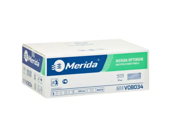 Ręczniki papierowe MERIDA OPTIMUM, białe, dwuwarstwowe, 3200 szt., ECOLABEL Ręczniki papierowe składane w V 3200 szt. karton Merida Optimum
