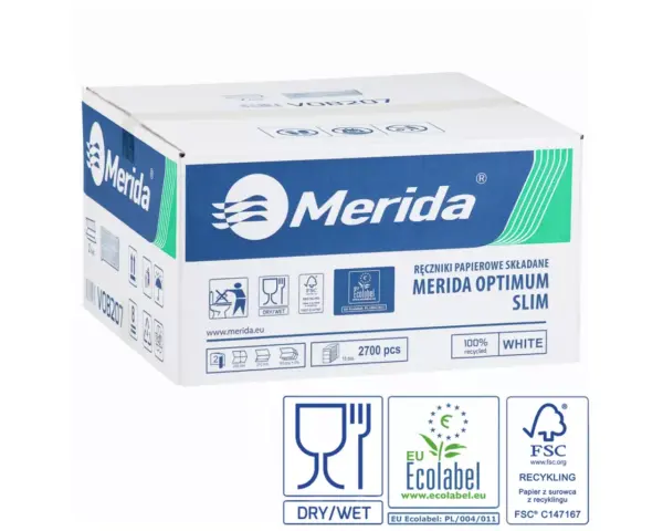 Ręczniki papierowe składane w Z, MERIDA OPTIMUM SLIM ECOLABEL, dwuwarstwowe, białe, karton 2700 szt. Merida Optimum Slim ręczniki papierowe, dwuwarstwowe Z-fold, 2700 szt., ekologiczne