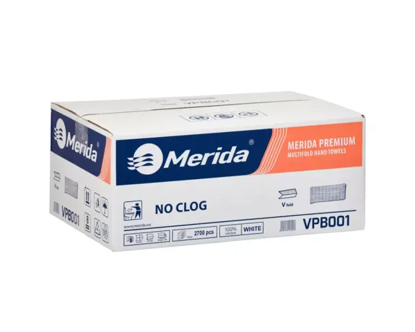 Ręczniki papierowe MERIDA PREMIUM NO CLOG, białe, trzywarstwowe, 2700 szt. Białe trzywarstwowe ręczniki papierowe Merida Premium No Clog składane w V