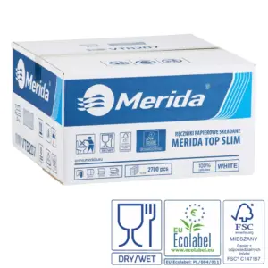 Merida Top Slim ręczniki papierowe, dwuwarstwowe Z-fold, 2700 szt., celuloza, certyfikat FSC i Ecolabel