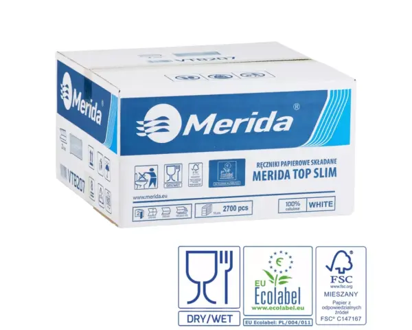 Pojemnik na ręczniki składane MERIDA HARMONY za 1 zł netto przy zakupie 2 kartonów ręczników składanych MERIDA TOP SLIM ECOLABEL VTB207 (2 x 2700 = 5 400 listków) Merida Top Slim ręczniki papierowe, dwuwarstwowe Z-fold, 2700 szt., celuloza, certyfikat FSC i Ecolabel