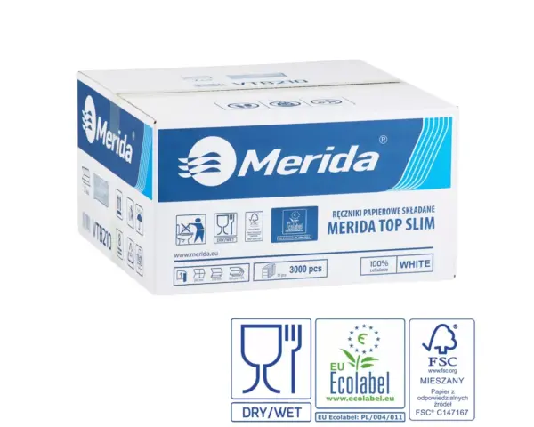 Pojemnik na ręczniki składane MERIDA ONE biały za 1 zł netto przy zakupie 2 kartonów ręczników składanych MERIDA TOP SLIM ECOLABEL VTB210 (2 x 3000 = 6 000 listków) Merida TOP SLIM ręczniki papierowe jednowarstwowe, składane Z-fold, 3000 szt., Ecolabel