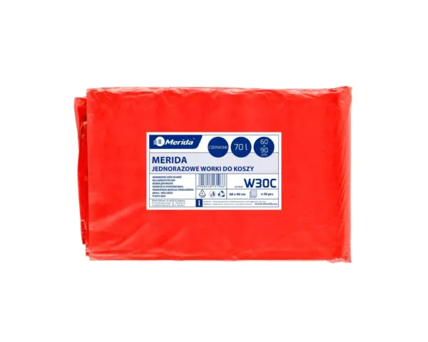 Worki na odpady medyczne 70 l, MERIDA CLASSIC, czerwone, 60x90 cm, paczka 50 szt. Czerwone worki na odpady medyczne LDPE 70 l, 60x90 cm, 50 szt.