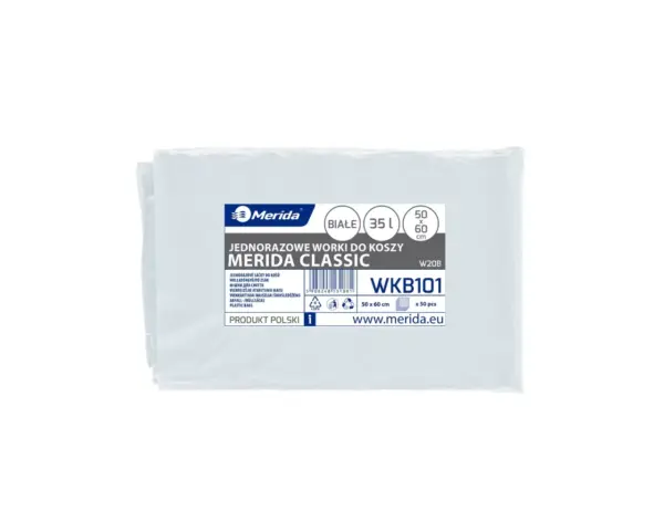 Worki na śmieci 35 l, MERIDA CLASSIC, białe, 50x60 cm, paczka 50 szt. Białe worki na śmieci 35 l LDPE, paczka 50 sztuk