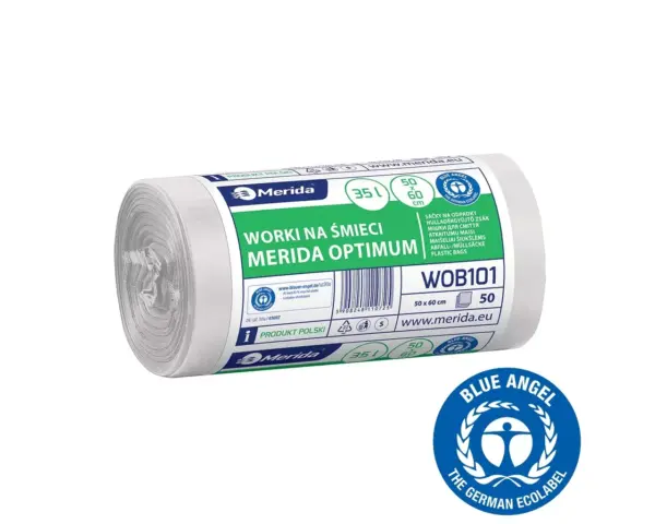 Worki na śmieci 35 l, MERIDA OPTIMUM BLUE ANGEL, białe, 50x60 cm, rolka 50 szt. Białe worki na śmieci 35 l HDPE/LDPE certyfikat Blue Angel