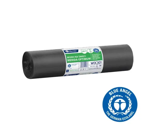 Worki na śmieci 120 l, MERIDA OPTIMUM BLUE ANGEL, czarne, 70x110 cm, rolka 50 szt. Czarne worki na śmieci 120 l LDPE z certyfikatem Blue Angel