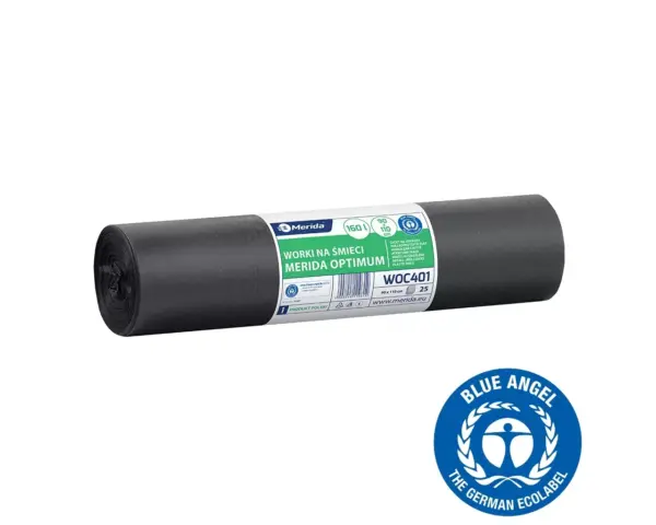 Worki na śmieci 160 l, MERIDA OPTIMUM BLUE ANGEL, czarne, 90x110 cm, rolka 25 szt. Czarne worki na śmieci 160 l LDPE, rolka 25 sztuk