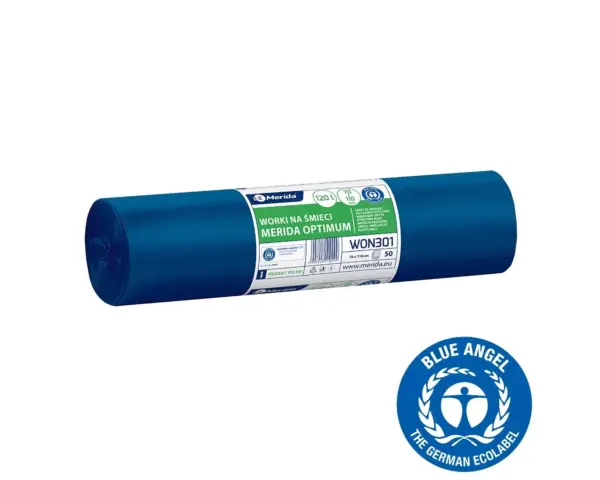 Worki na śmieci 120 l, MERIDA OPTIMUM BLUE ANGEL, niebieskie, 70x110 cm, rolka 50 szt. Niebieskie worki na śmieci 120 l LDPE certyfikat Blue Angel