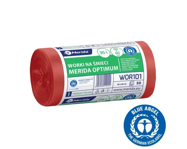 Worki na odpady medyczne 35 l, MERIDA OPTIMUM BLUE ANGEL, czerwone, 50x60, rolka 50 szt. Czerwone worki na odpady medyczne 35 l HDPE/LDPE rolka 50 szt
