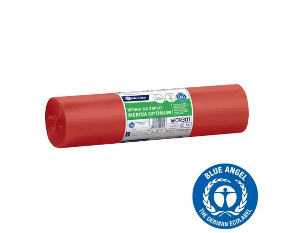 Worki na odpady medyczne 120 l, MERIDA OPTIMUM BLUE ANGEL, czerwone, 70x110, rolka 50 szt. Czerwone worki na odpady medyczne 120 l LDPE rolka 50 szt