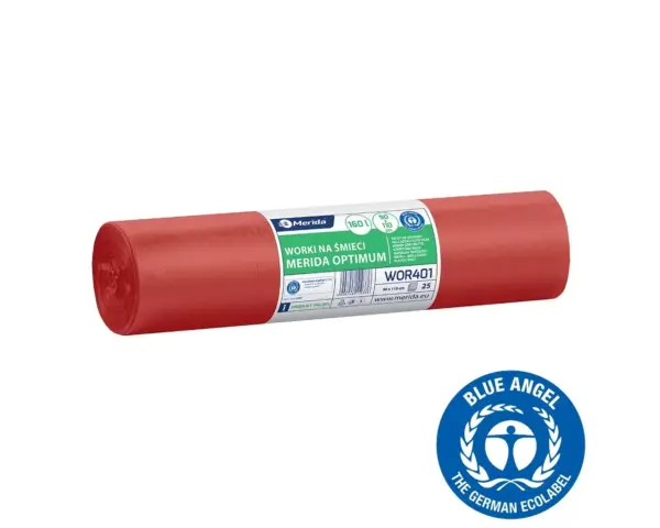 Worki na odpady medyczne 160 l, MERIDA OPTIMUM BLUE ANGEL, czerwone, 90x110, rolka 25 szt. Czerwone worki na odpady medyczne 160 l LDPE 90x110 cm