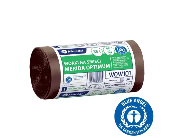 Worki na bioodpady 35 l, MERIDA OPTIMUM BLUE ANGEL, brązowe, 50x60 cm, rolka 50 szt. Brązowe worki na bioodpady 35 l HDPE/LDPE, rolka 50 szt.