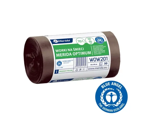Worki na bioodpady 70 l, MERIDA OPTIMUM BLUE ANGEL, brązowe, 60x90 cm, rolka 50 szt. Brązowe worki na bioodpady 70 l HDPE/LDPE 60x90 cm