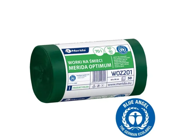 Worki na śmieci 70 l, MERIDA OPTIMUM BLUE ANGEL, zielone, 60x90 cm, rolka 50 szt. Zielone worki na śmieci 70 l HDPE/LDPE 60x90 cm rolka