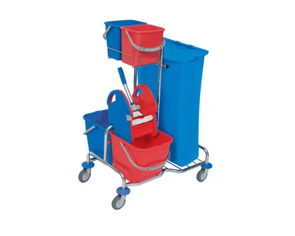 Wózek serwisowy, chromowany, 2 wiadra 20 l, worek 120, prasa do mopów, SER-0005 Chromowany wózek serwisowy z dwoma wiadrami 20 l i prasą do mopów