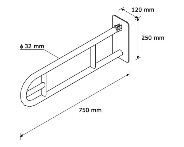 Poręcz uchylna łukowa 750 mm, z uchwytem na papier toaletowy Poręcz uchylna łukowa 750 mm do toalet publicznych, stal polerowana