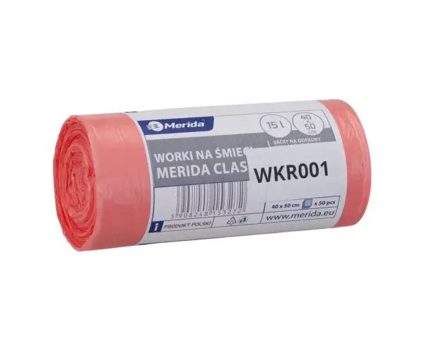 Worki na śmieci do kosza KSM305 15 l, MERIDA, czerwone, 40x50 cm, rolka 50 szt. Czerwone worki na śmieci HDPE 15 l do segregacji odpadów medycznych