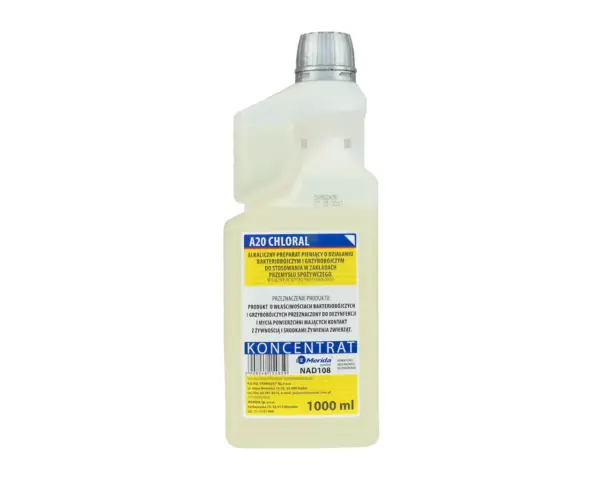 Płyn do mycia i dezynfekcji, A20 CHLORAL, koncentrat, butelka 1000 ml z miarką dozującą