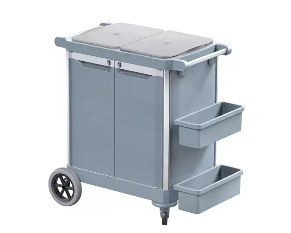 Wózek serwisowy do sprzątania kuwetowy, MERIDA OPERA, 2 x kuweta 13 l, 2 szuflady wewnętrzne 20 l I 40 l, 3 x wiadro 7 l, 2 x uchwyt na worek 35 l Wózek serwisowy kuwetowy Merida Opera z 2 kuwetami 13 l i wiadrami