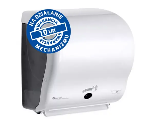 Mechaniczny podajnik ręczników, MERIDA LUX SENSOR CUT za 250 zł netto przy zakupie 2 kartonów ręczników MERIDA OPTIMUM AUTOMATIC MAXI ECOLABEL RAB315 (12 x 240 m = 2 880 m, 11 292 listki) Biały bezdotykowy podajnik ręczników MERIDA LUX z gwarancją 10 lat