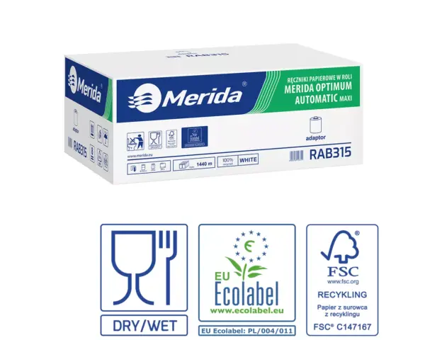 Automatyczny bezdotykowy podajnik ręczników, MERIDA ONE biały za 250 zł netto przy zakupie 2 kartonów ręczników MERIDA OPTIMUM AUTOMATIC MAXI ECOLABEL RAB315 (12 x 240 m = 2 880 m, 11 292 listki) Białe dwuwarstwowe ręczniki papierowe w roli MERIDA OPTIMUM AUTOMATIC MAXI ECOLABEL
