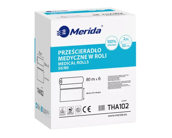 Prześcieradło medyczne w roli, celulozowe, dwuwarstwowe, szer. 50 cm, dł. 80 m, SUPER BIAŁE, karton 6 szt. Karton 6 rolek celulozowego prześcieradła medycznego 50 cm x 80 m