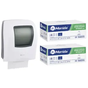 Mechaniczny podajnik ręczników, MERIDA ONE biały za 125 zł netto przy zakupie 2 kartonów ręczników MERIDA OPTIMUM AUTOMATIC MAXI ECOLABEL RAB315 (12 x 240 m = 2 880 m, 11 292 listki)