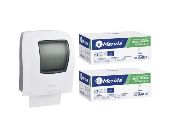 Mechaniczny podajnik ręczników, MERIDA ONE biały za 125 zł netto przy zakupie 2 kartonów ręczników MERIDA OPTIMUM AUTOMATIC MAXI ECOLABEL RAB315 (12 x 240 m = 2 880 m, 11 292 listki) Mechaniczny podajnik ręczników, MERIDA ONE biały za 125 zł netto przy zakupie 2 kartonów ręczników MERIDA OPTIMUM AUTOMATIC MAXI ECOLABEL RAB315 (12 x 240 m = 2 880 m, 11 292 listki)