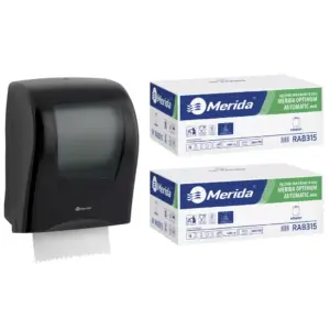 Mechaniczny podajnik ręczników, MERIDA ONE czarny za 125 zł netto przy zakupie 2 kartonów ręczników MERIDA OPTIMUM AUTOMATIC MAXI ECOLABEL RAB315 (12 x 240 m = 2 880 m, 11 292 listki)
