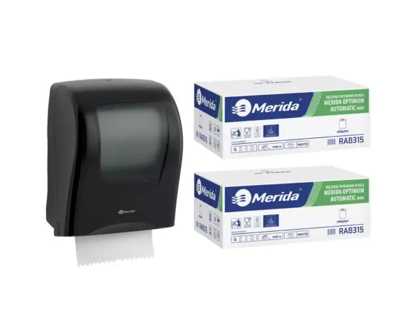 Mechaniczny podajnik ręczników, MERIDA ONE czarny za 125 zł netto przy zakupie 2 kartonów ręczników MERIDA OPTIMUM AUTOMATIC MAXI ECOLABEL RAB315 (12 x 240 m = 2 880 m, 11 292 listki) Mechaniczny podajnik ręczników, MERIDA ONE czarny za 125 zł netto przy zakupie 2 kartonów ręczników MERIDA OPTIMUM AUTOMATIC MAXI ECOLABEL RAB315 (12 x 240 m = 2 880 m, 11 292 listki)