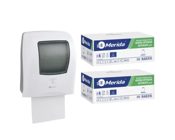Automatyczny bezdotykowy podajnik ręczników, MERIDA ONE biały za 250 zł netto przy zakupie 2 kartonów ręczników MERIDA OPTIMUM AUTOMATIC MAXI ECOLABEL RAB315 (12 x 240 m = 2 880 m, 11 292 listki) Automatyczny bezdotykowy podajnik ręczników, MERIDA ONE biały za 250 zł netto przy zakupie 2 kartonów ręczników MERIDA OPTIMUM AUTOMATIC MAXI ECOLABEL RAB315 (12 x 240 m = 2 880 m, 11 292 listki)