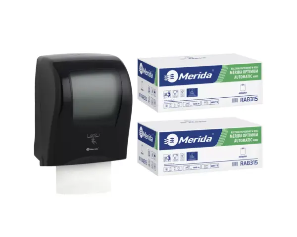 Automatyczny bezdotykowy podajnik ręczników, MERIDA ONE czarny za 250 zł netto przy zakupie 2 kartonów ręczników MERIDA OPTIMUM AUTOMATIC MAXI ECOLABEL RAB315 (12 x 240 m = 2 880 m, 11 292 listki) Automatyczny bezdotykowy podajnik ręczników, MERIDA ONE czarny za 250 zł netto przy zakupie 2 kartonów ręczników MERIDA OPTIMUM AUTOMATIC MAXI ECOLABEL RAB315 (12 x 240 m = 2 880 m, 11 292 listki)