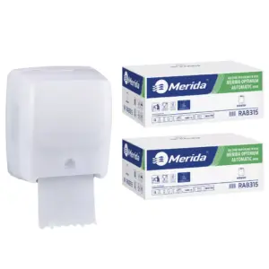 Mechaniczny podajnik ręczników, MERIDA HARMONY za 100 zł netto przy zakupie 2 kartonów ręczników MERIDA OPTIMUM AUTOMATIC MAXI ECOLABEL RAB315 (12 x 240 m = 2 880 m, 11 292 listki)