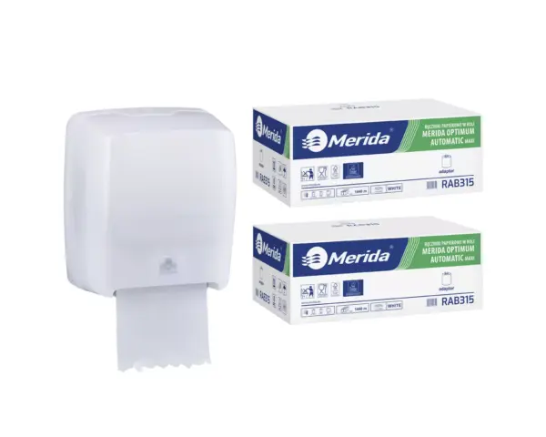 Mechaniczny podajnik ręczników, MERIDA HARMONY za 100 zł netto przy zakupie 2 kartonów ręczników MERIDA OPTIMUM AUTOMATIC MAXI ECOLABEL RAB315 (12 x 240 m = 2 880 m, 11 292 listki)