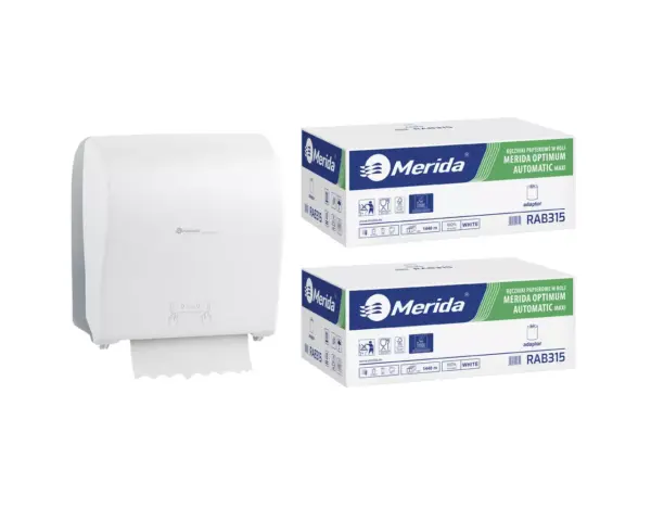 Mechaniczny podajnik ręczników, MERIDA SOLID CUT za 100 zł netto przy zakupie 2 kartonów ręczników MERIDA OPTIMUM AUTOMATIC MAXI ECOLABEL RAB315 (12 x 240 m = 2 880 m, 11 292 listki)