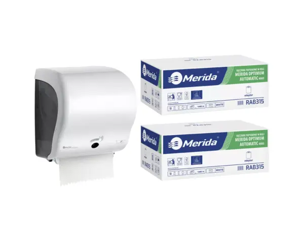 Mechaniczny podajnik ręczników, MERIDA LUX SENSOR CUT za 250 zł netto przy zakupie 2 kartonów ręczników MERIDA OPTIMUM AUTOMATIC MAXI ECOLABEL RAB315 (12 x 240 m = 2 880 m, 11 292 listki) Mechaniczny podajnik ręczników, MERIDA LUX SENSOR CUT za 250 zł netto przy zakupie 2 kartonów ręczników MERIDA OPTIMUM AUTOMATIC MAXI ECOLABEL RAB315 (12 x 240 m = 2 880 m, 11 292 listki)