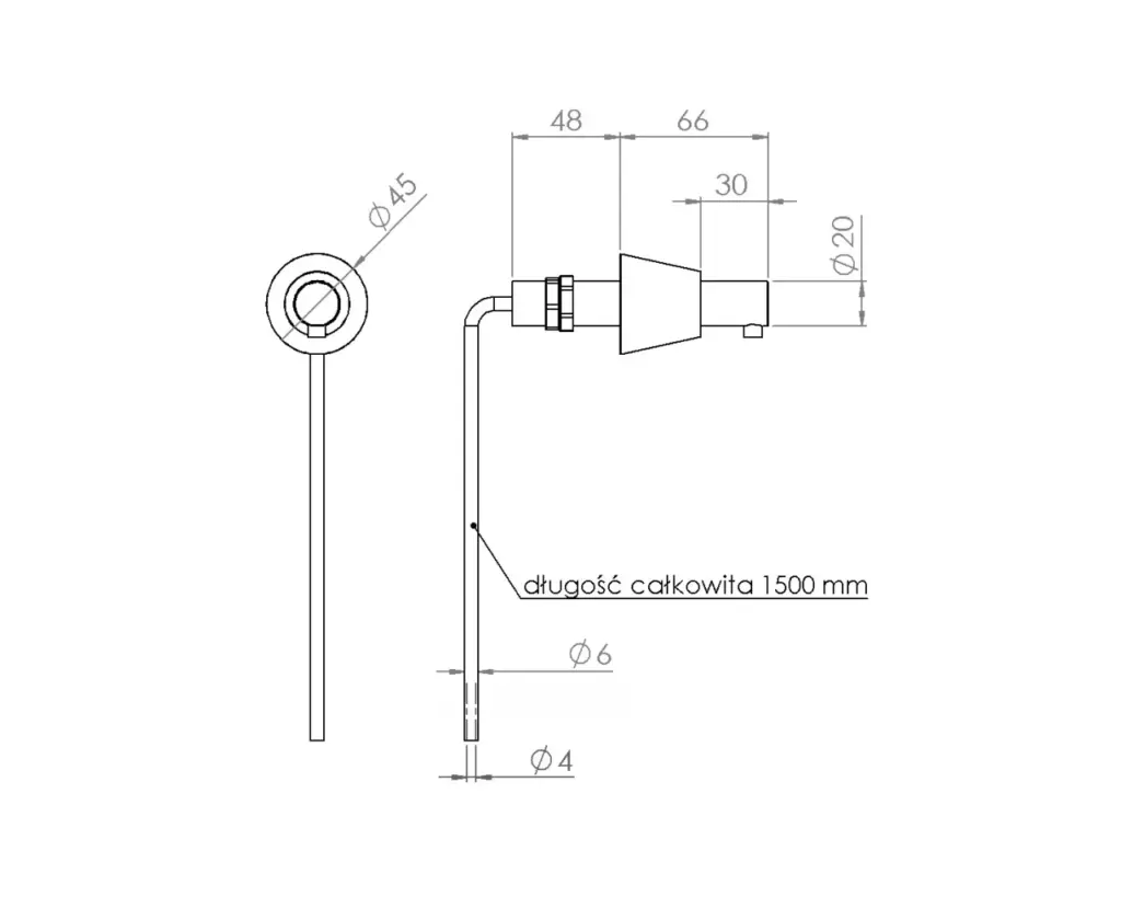 Wymiary przycisku dozownika DWP111 – otwór 20 mm, głębokość 66 mm