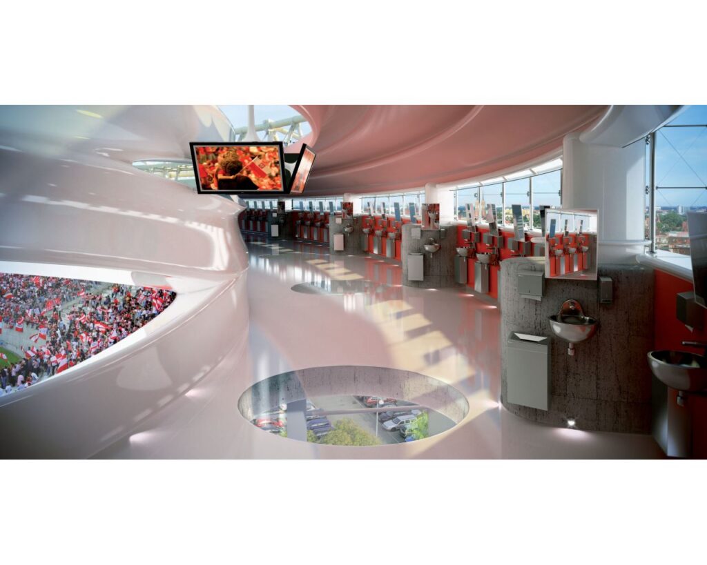 Łazienka stadionowa - w aranżacji użyto urządzeń z linii MERIDA STELLA